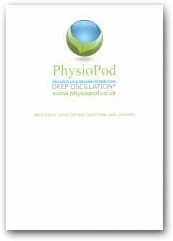 Front cover of the 8 page A5 FAQ Booklet for patients in the PhysioPod corporate colour scheme of Blue and Green.  &raquo; Click to zoom ->