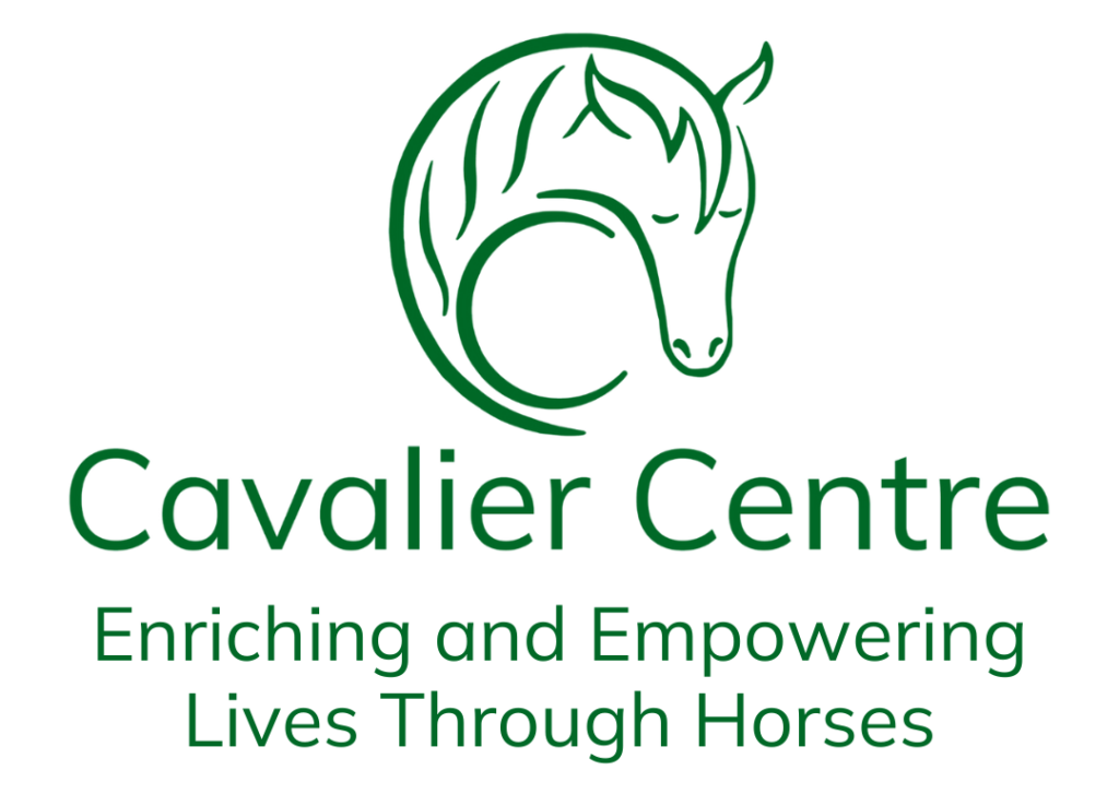 The image is the logo of the Cavalier Centre. It features a green outline drawing of a horse's head, with the horse's flowing mane forming a circular shape around it. Below the horse's head, the name "Cavalier Centre" is displayed in green, followed by the tagline "Enriching and Empowering Lives Through Horses" in smaller green text.  This logo beautifully represents the Centre's mission of improving lives through interactions with horses.