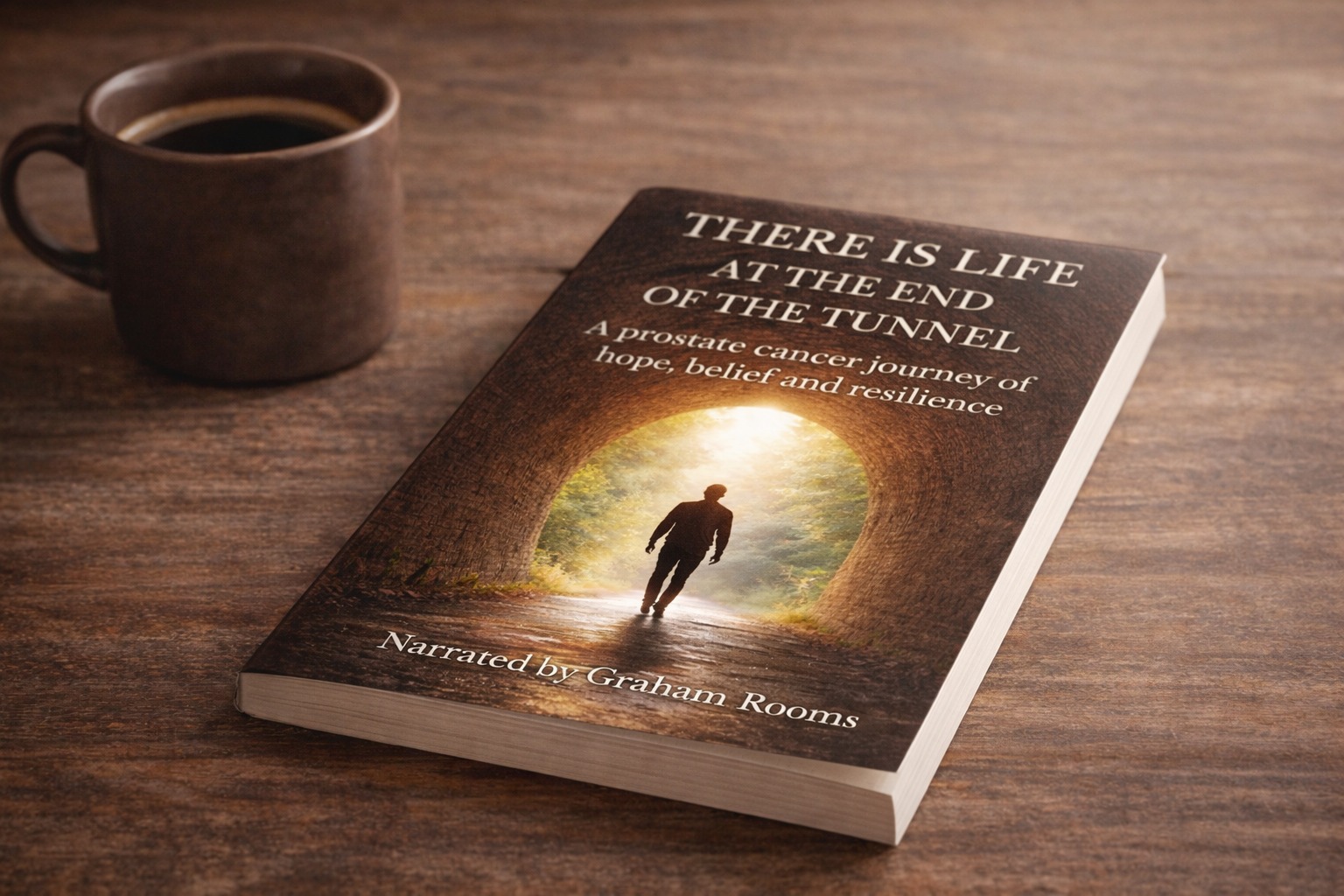    A paperback book rests on a wooden surface beside a mug of coffee. The book cover shows a person walking through a tunnel toward bright light. The title reads &ldquo;There Is Life at the End of the Tunnel,&rdquo; with a subtitle about a prostate cancer journey narrated by Graham Rooms.