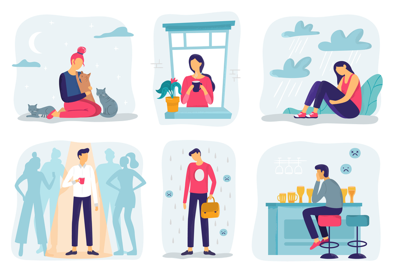 Feel lonely. Loneliness feelings, feeling isolated and fear of being alone vector illustration set. Loneliness feelings, feeling isolated and fear of being alone. Frustration teenager, abuse guilty expression or bullying upset depression character. Mental health vector illustration set.