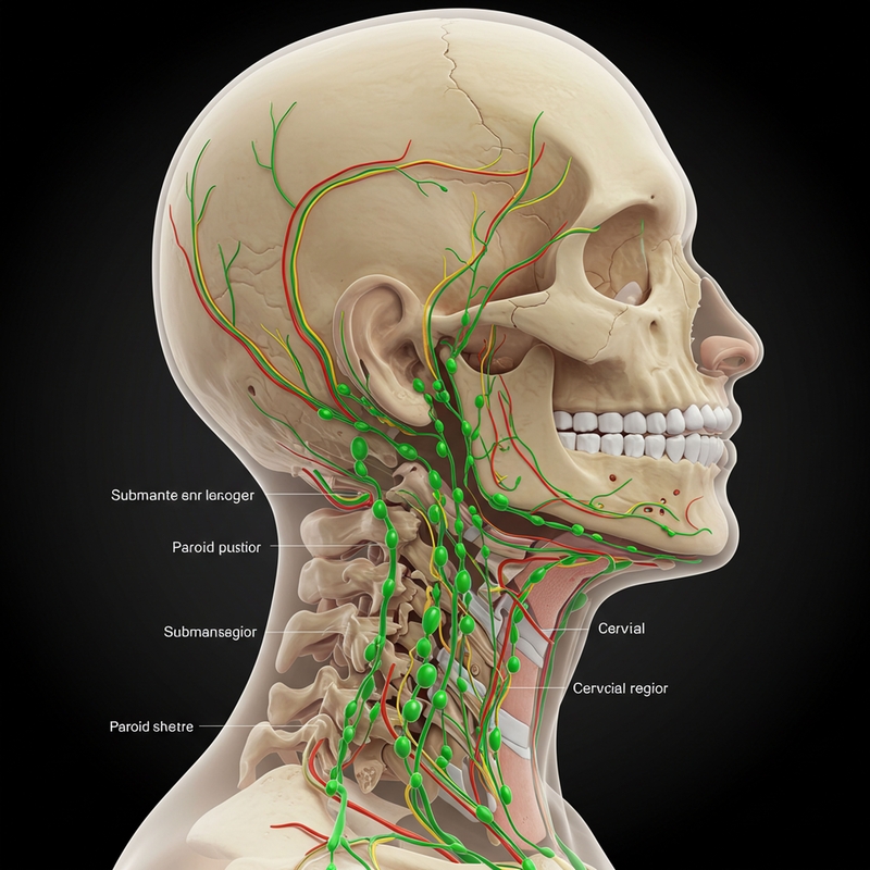 Illustration of a human head and upper neck anatomy in profile view. Visible are detailed structures including the skull, vertebrae, and colored pathways representing the lymphatic system in green and blood vessels in red and yellow. Labels mark regions and key components like the parotid and submandibular areas. The background is black, emphasizing the anatomical features. The detailed depiction aids in the study of human head and neck anatomy.