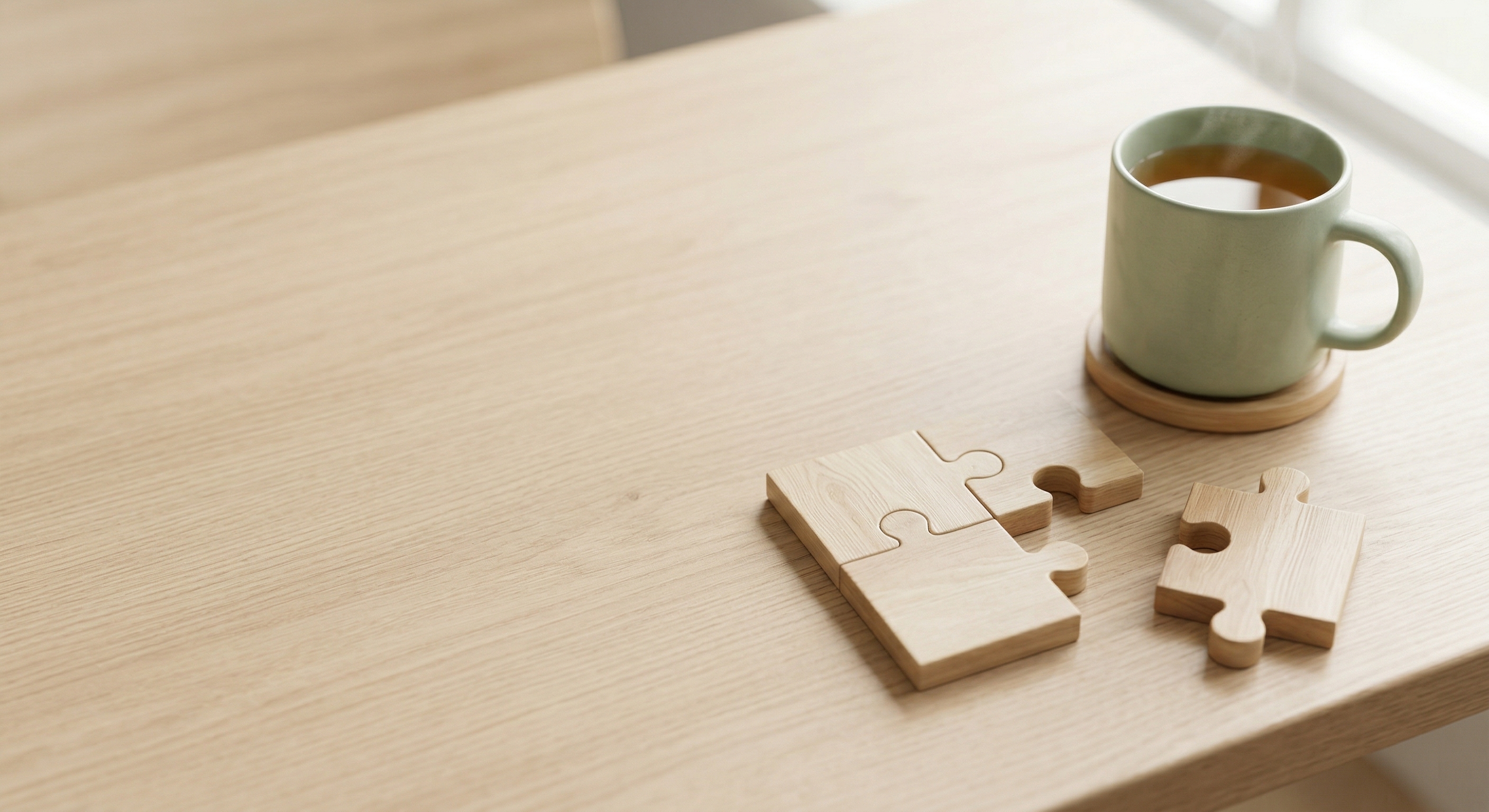 A photorealistic image of a clean, light oak wooden desk bathed in soft, natural window light. On the right side of the desk, two wooden jigsaw puzzle pieces are connected together, with a third piece resting just beside them. Next to the puzzle pieces sits a simple, sage green ceramic mug of tea on a wooden coaster. The entire left half of the image is completely empty, showing only the smooth wood grain, leaving clear negative space for text overlay.