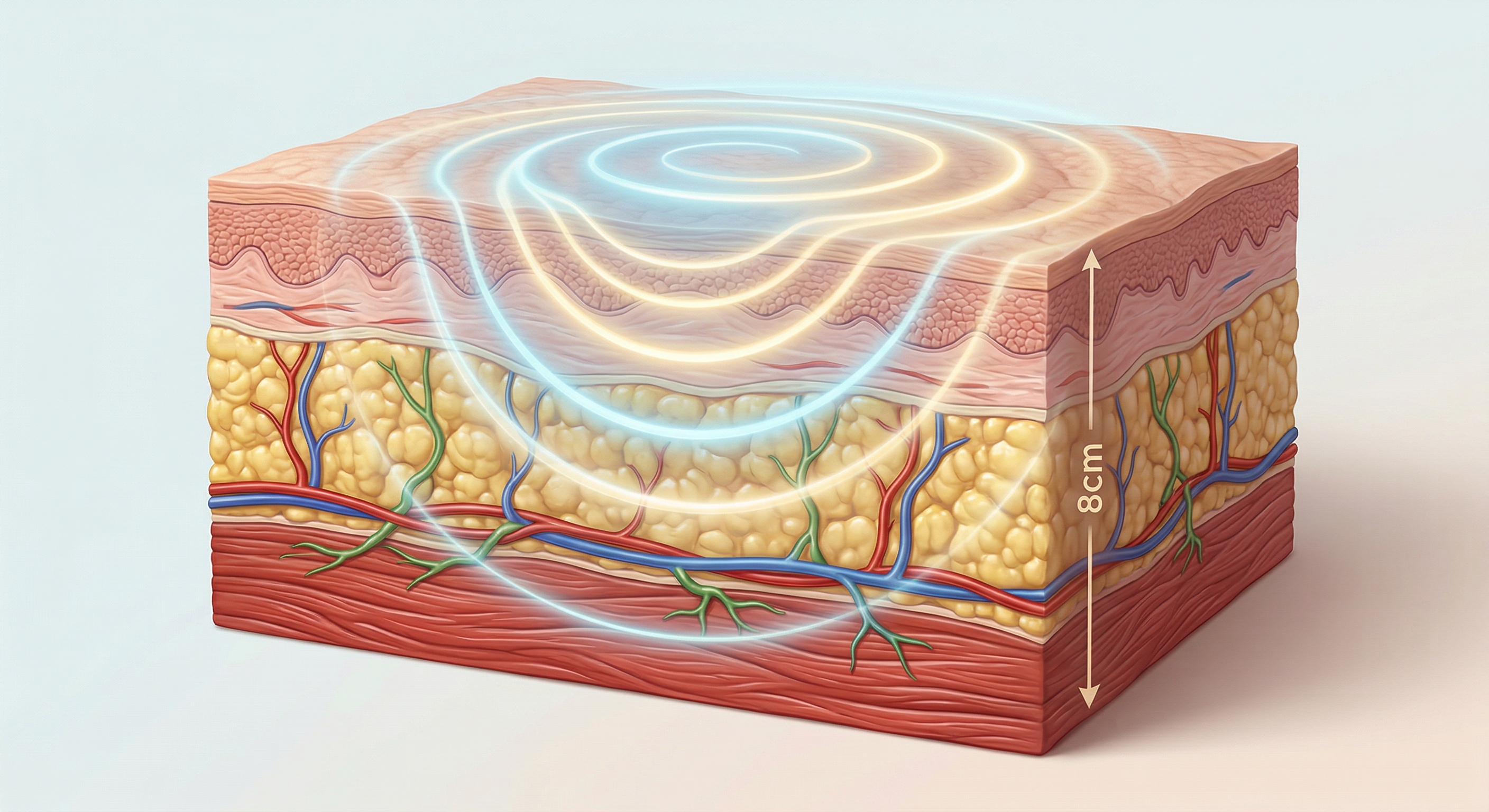 A 3D medical illustration showing a cross-section of human tissue to demonstrate deep oscillation therapy. The block shows layers from top to bottom: the surface skin, a layer of yellow subcutaneous fat intertwined with red and blue blood vessels and green lymphatic vessels, and deep red muscle tissue at the base. Glowing, rhythmic blue and gold waves radiate from the top surface of the skin, penetrating downwards through all tissue layers to reach the muscle. A vertical arrow on the side indicates the waves penetrate to a depth of 8cm.