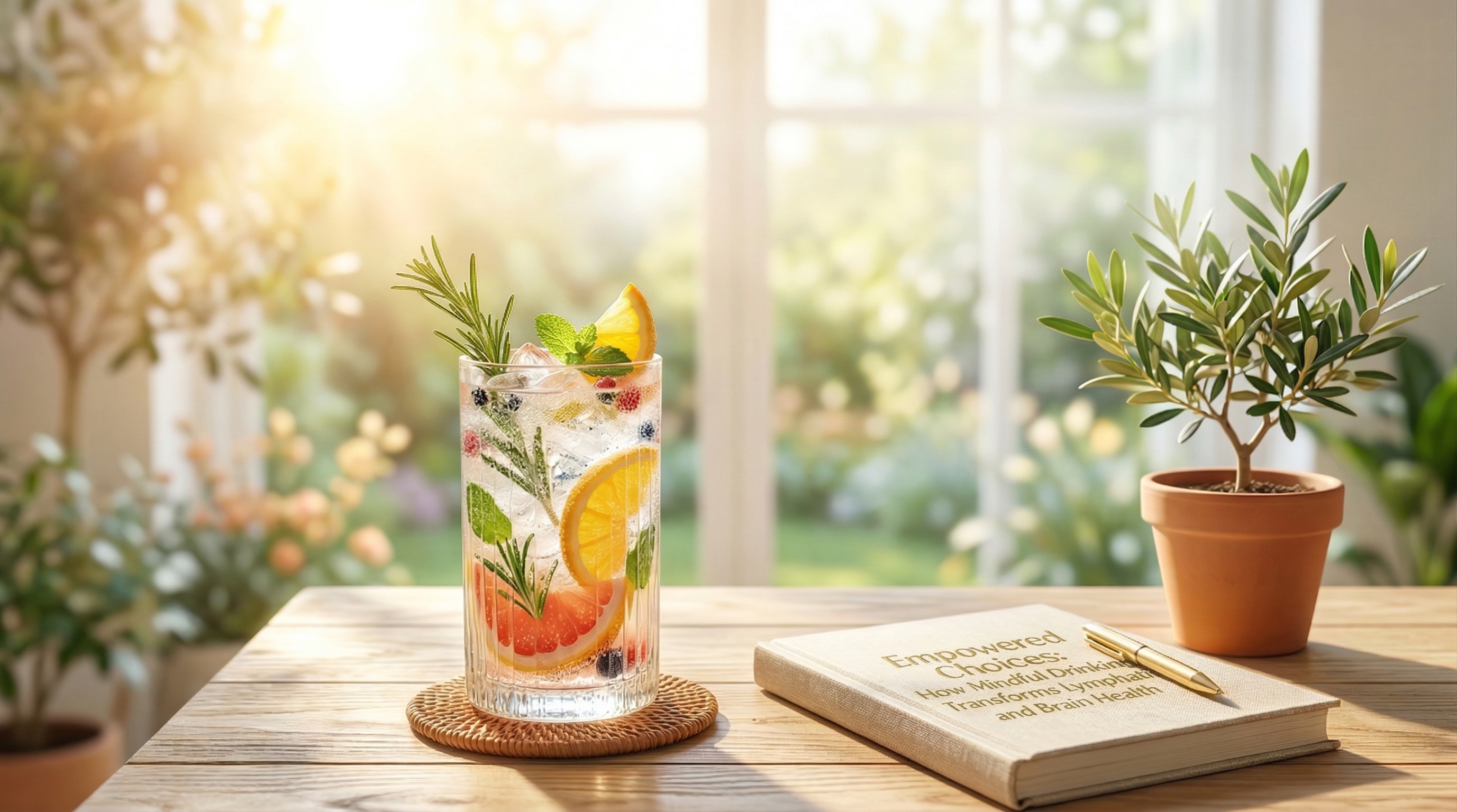 A sunlit table with a citrus?infused drink, a book titled &lsquo;Empowered Choices,&rsquo; a pen, and a small plant beside a window overlooking a garden.