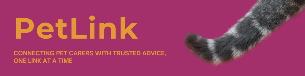 Certainly! The image features a magenta banner with the bold orange text "PetLink" on the left side. Below this, in smaller orange letters, is the tagline: "CONNECTING PET CARERS WITH TRUSTED ADVICE, ONE LINK AT A TIME." On the right side of the banner, there's a close-up of a cat's tail with a striped pattern in shades of gray and black. The overall design suggests that PetLink is a platform or service dedicated to helping pet carers connect with reliable information.