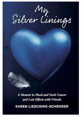 Book cover for My Silver Linings featuring a metallic blue heart and a silver feather on a dark blue background, with the author&rsquo;s name, Karen Liesching?Schroder.