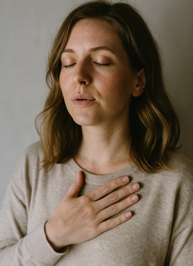 A woman holds her hands to her chest, expressing a moment of reflection or deep feeling