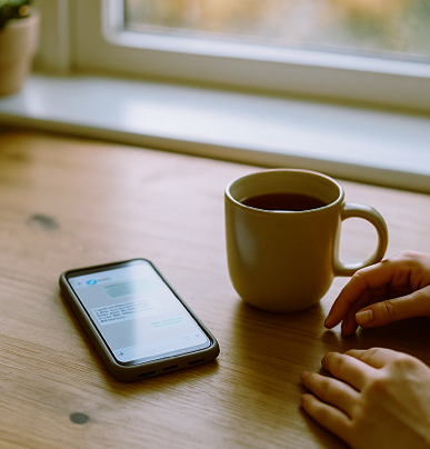 Woman using her phone with a coffee mug beside her, illustrating a blend of technology and relaxation.