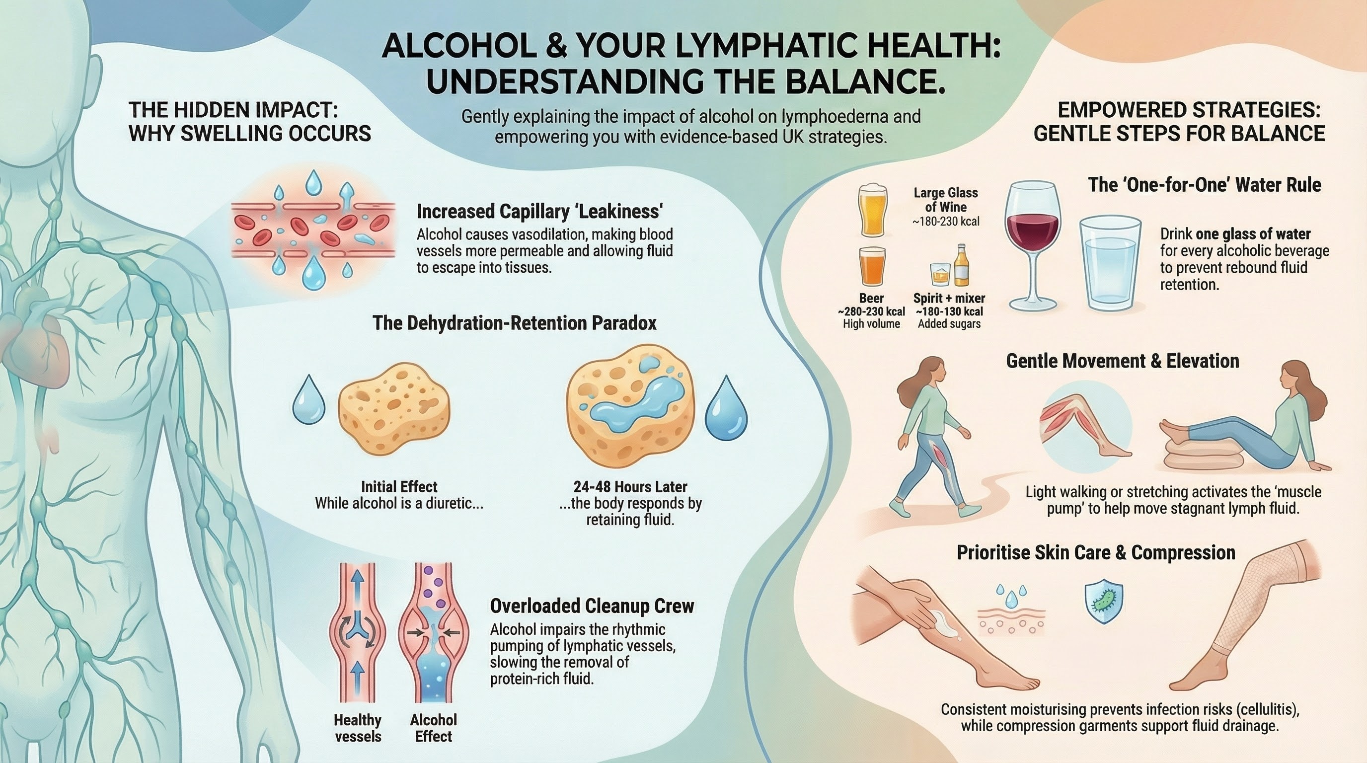 “Infographic titled ‘Alcohol & Your Lymphatic Health: Understanding the Balance’
