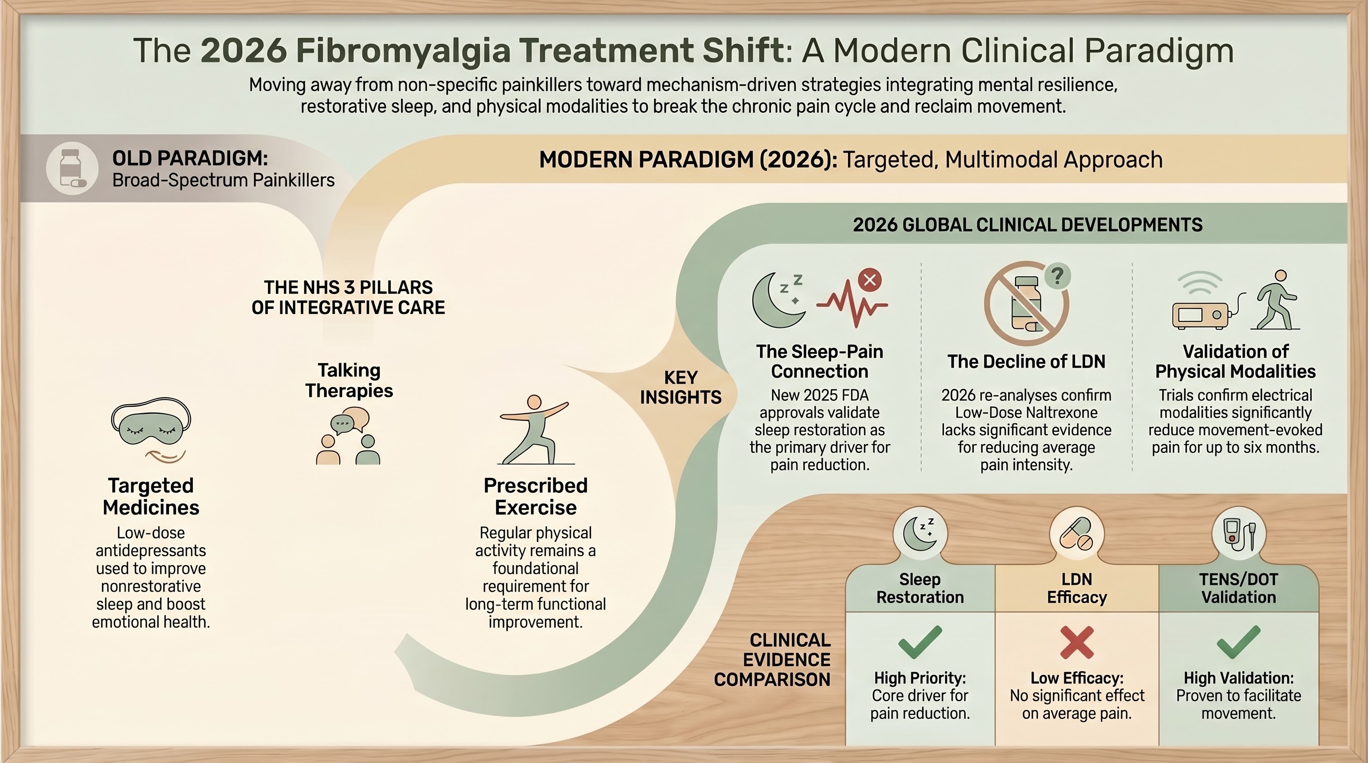 Infographic titled "The 2026 Fibromyalgia Treatment Shift," illustrating the transition from broad-spectrum painkillers to a modern, targeted multimodal approach. The left side outlines the "NHS 3 Pillars of Integrative Care": Targeted Medicines, Talking Therapies, and Prescribed Exercise. The right side summarizes "2026 Global Clinical Developments," showing high clinical validation for Sleep Restoration and TENS/DOT physical modalities, while noting a decline in efficacy and evidence for Low-Dose Naltrexone (LDN)