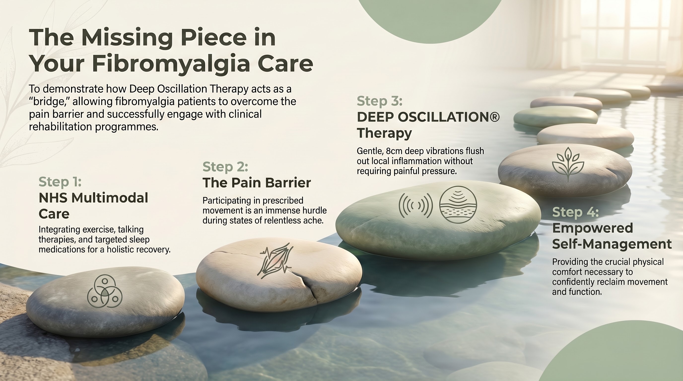 An infographic titled "The Missing Piece in Your Fibromyalgia Care," featuring a calming visual metaphor of stepping stones across water. Introductory text explains how Deep Oscillation Therapy acts as a "bridge," helping patients overcome the pain barrier to engage with rehabilitation. The four steps, represented by sequential stones, are:  Step 1: NHS Multimodal Care (integrating exercise, talking therapies, and targeted sleep medications).  Step 2: The Pain Barrier (participating in prescribed movement is an immense hurdle during states of relentless ache).  Step 3: DEEP OSCILLATION&reg; Therapy (gentle, 8cm deep vibrations flush out local inflammation without requiring painful pressure).  Step 4: Empowered Self-Management (providing the crucial physical comfort necessary to confidently reclaim movement and function).