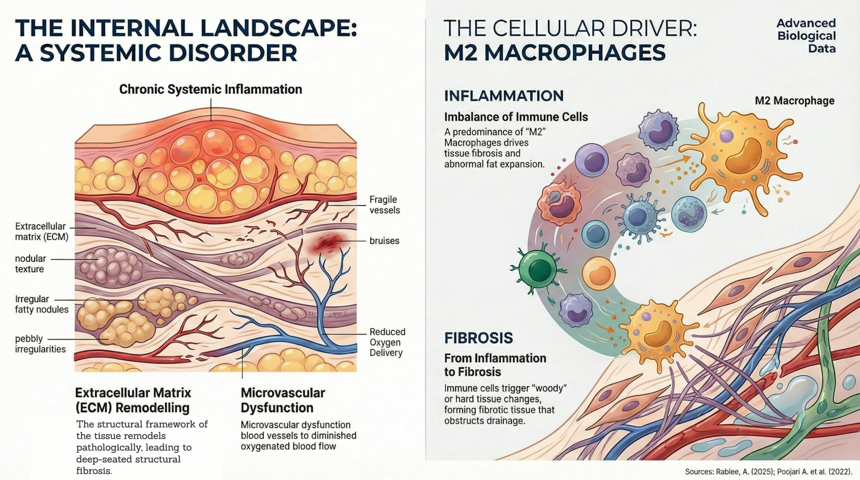 A two-part medical infographic illustrating the internal pathology of lipoedema. The left side, titled 'The Internal Landscape: A Systemic Disorder', shows a cross-section of tissue featuring extracellular matrix remodelling with irregular fatty nodules, chronic systemic inflammation, and microvascular dysfunction with fragile, bruised blood vessels. The right side, titled 'The Cellular Driver: M2 Macrophages', shows a microscopic view of an imbalance of immune cells, demonstrating how a predominance of M2 macrophages triggers the transition from inflammation to thick, woody fibrotic tissue.