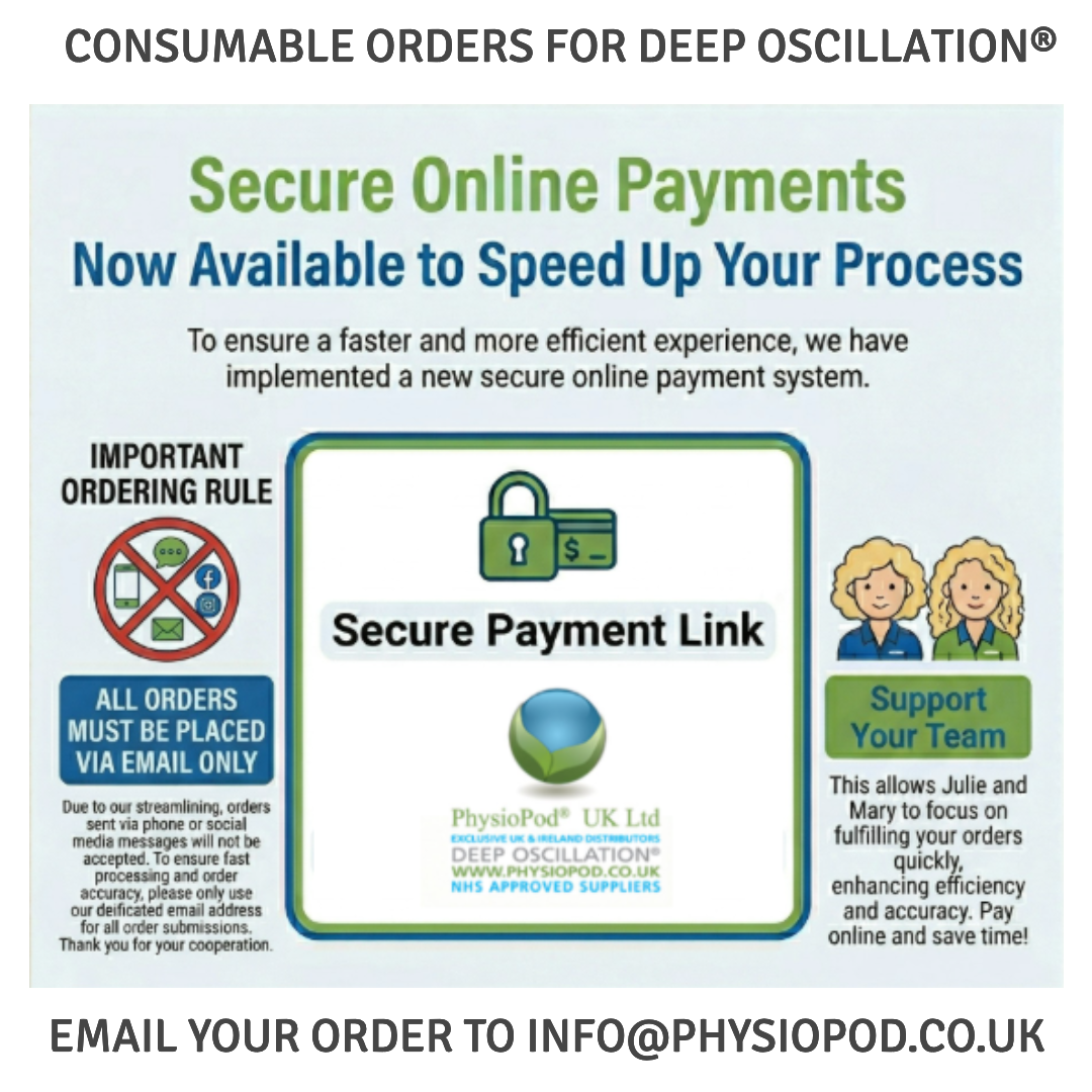 Informational graphic announcing secure online payments for Deep Oscillation consumable orders, highlighting that orders must be emailed and encouraging online payment to support faster processing.