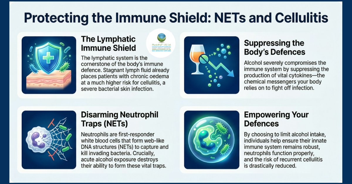 Infographic explaining how alcohol weakens immune defences, showing the lymphatic shield, suppressed cytokines, impaired neutrophil traps, and the benefits of reducing alcohol to lower cellulitis risk