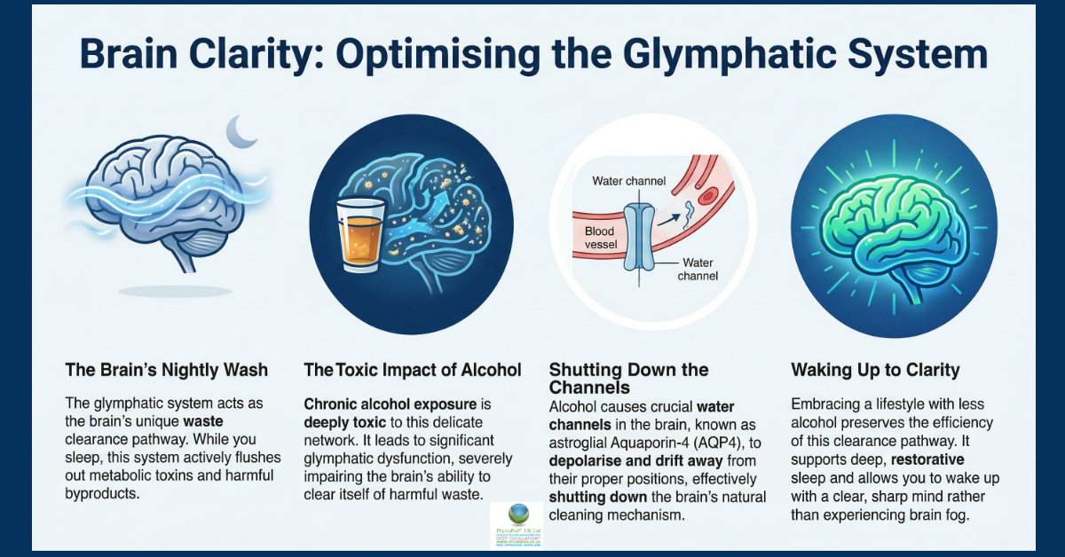 Infographic explaining how alcohol disrupts the brain&rsquo;s glymphatic waste?clearing system and how reducing intake supports restorative sleep and clearer thinking.