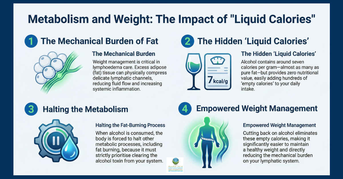 Infographic explaining how alcohol adds high?calorie &lsquo;liquid calories,&rsquo; slows fat burning, and how reducing intake supports weight and lymphatic health.