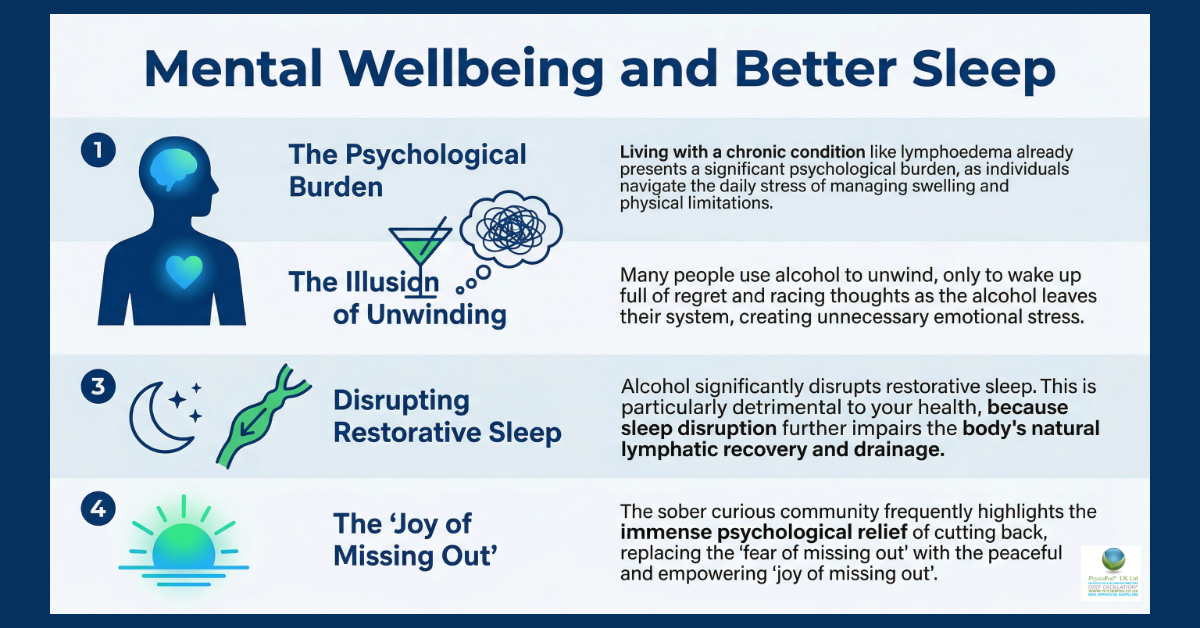 Infographic outlining how alcohol affects mental wellbeing and sleep, covering psychological burden, the false sense of unwinding, disrupted restorative sleep, and the relief of cutting back.