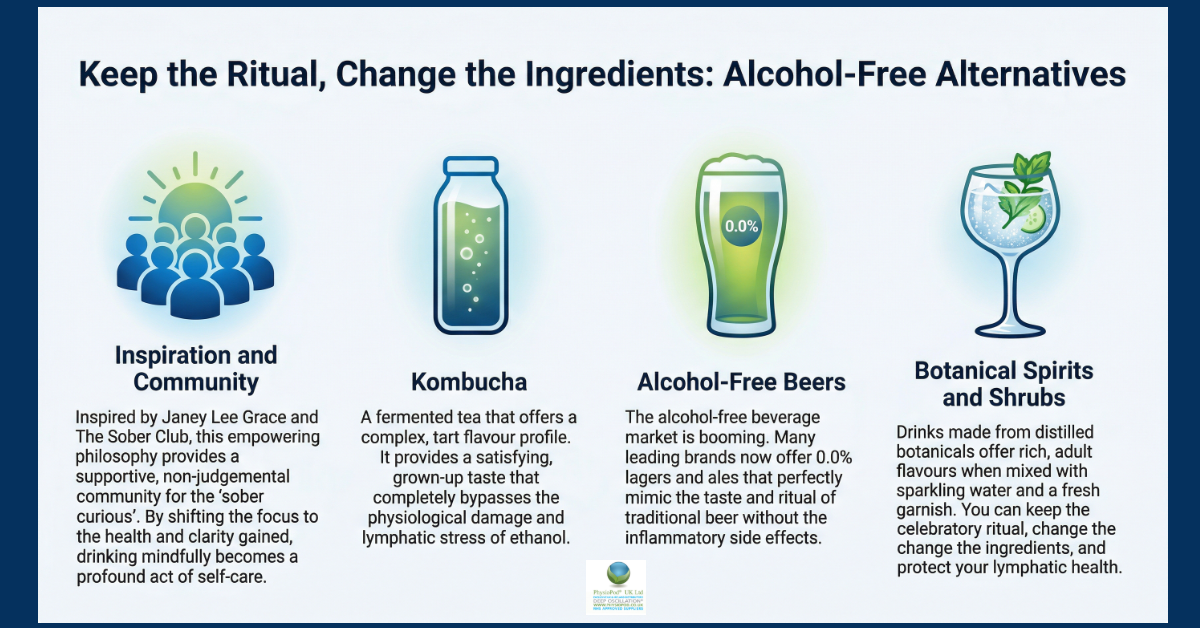 Infographic showing alcohol?free alternatives, including supportive community, kombucha, 0.0% beers, and botanical drinks that keep the ritual without alcohol.&rdquo;