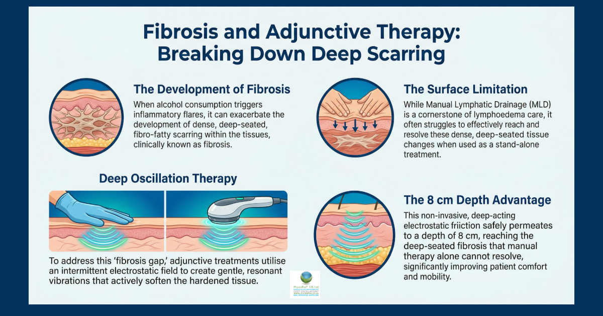 &ldquo;Infographic explaining how fibrosis develops, the limits of manual therapy, and how deep oscillation reaches deeper tissue to soften scarring.
