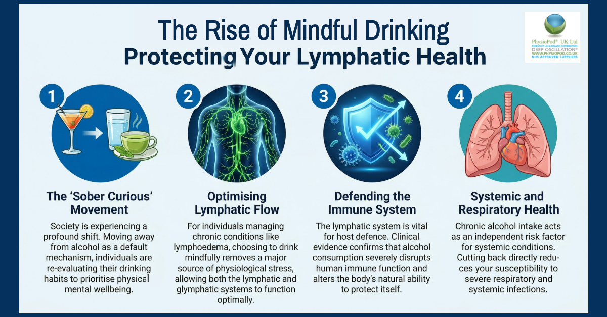 &ldquo;Infographic outlining mindful drinking benefits, including intentional moderation, improved lymphatic flow, stronger immune defence, and better systemic and respiratory health.