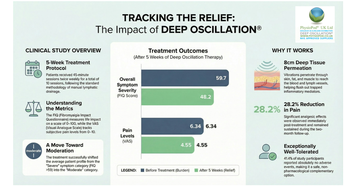 An infographic titled 'TRACKING THE RELIEF: The Impact of DEEP OSCILLATION&reg;'. It presents data from a 5-week clinical study where patients received 10 sessions. A central bar chart shows that after 5 weeks of treatment, average Overall Symptom Severity (FIQ scores) dropped from 59.7 to 48.2, moving patients from severe to moderate symptom categories. Pain Levels (VAS scores) also dropped from 6.34 to 4.55, representing a 28.2% reduction in pain. The graphic notes the therapy penetrates 8cm deep to flush out inflammatory mediators and is exceptionally well-tolerated, with 41.4% of participants reporting zero adverse events.